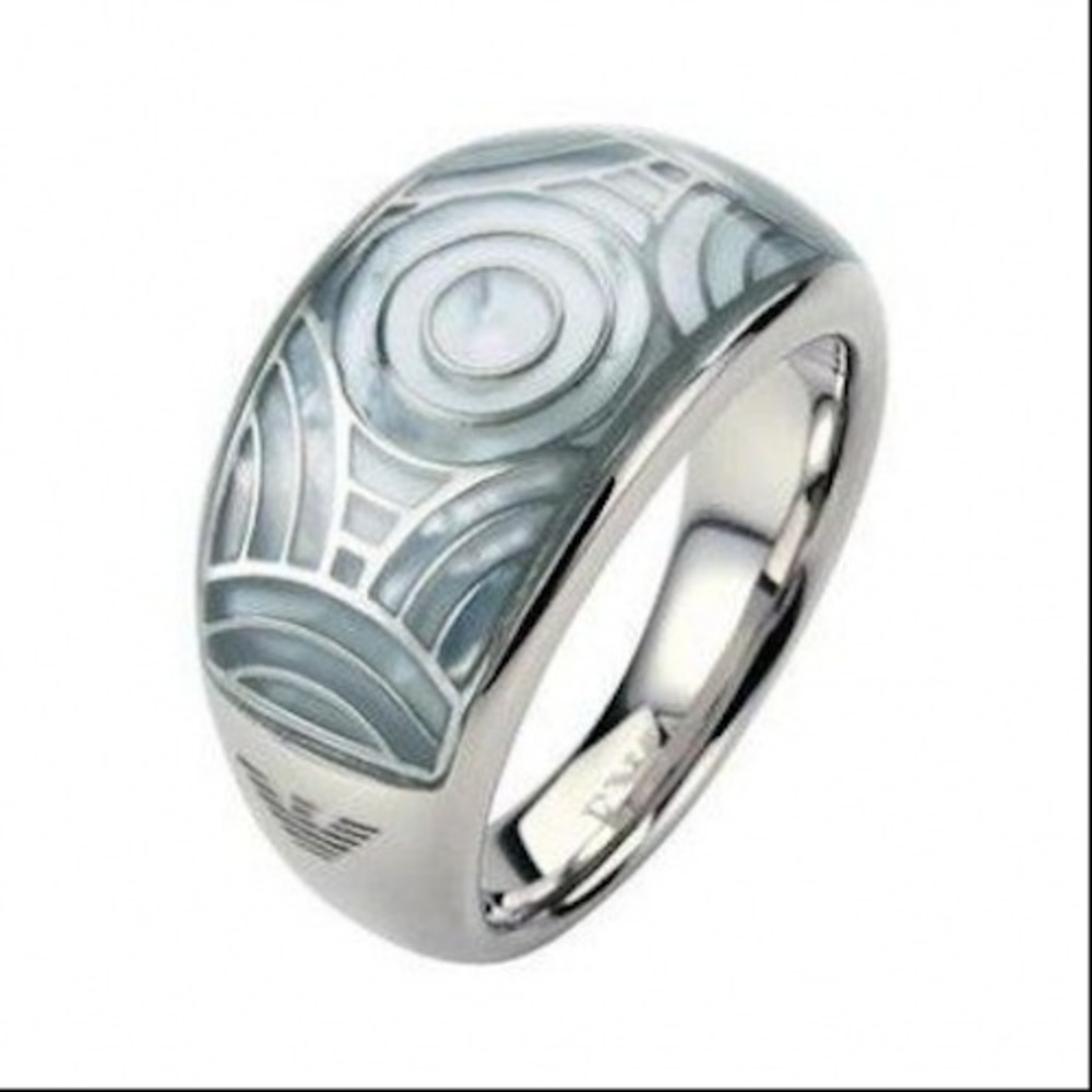 EMPORIO ARMANI LADIES POLISHED STAINLESS STEEL + WHITE CIRCLE PATTERN RING 5.5
